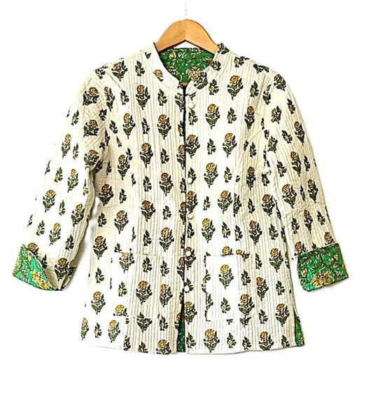 Fully Reversible Cotton Quilted  Womens Jacket (Yellow Green)