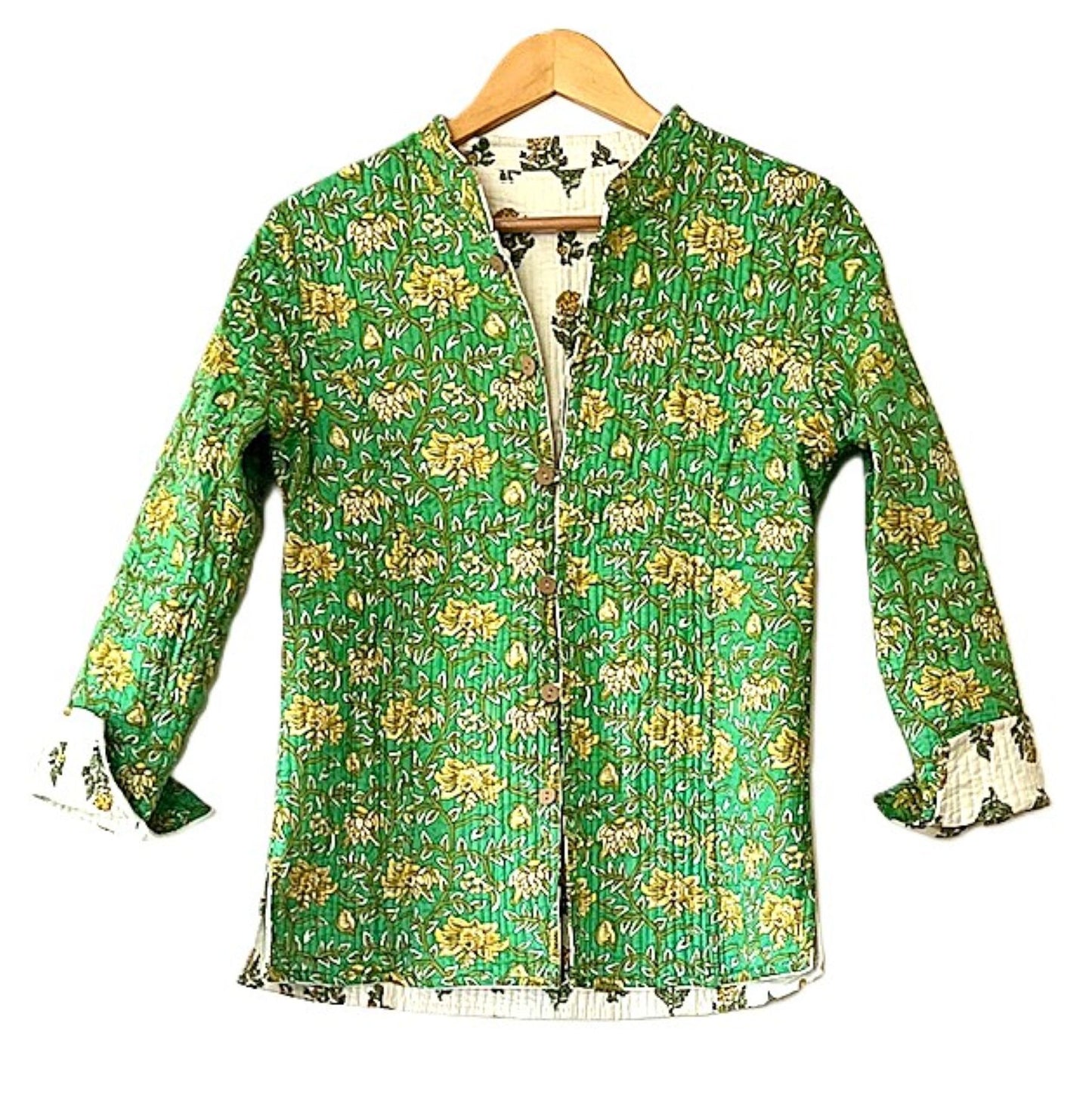 Fully Reversible Cotton Quilted  Womens Jacket (Yellow Green)