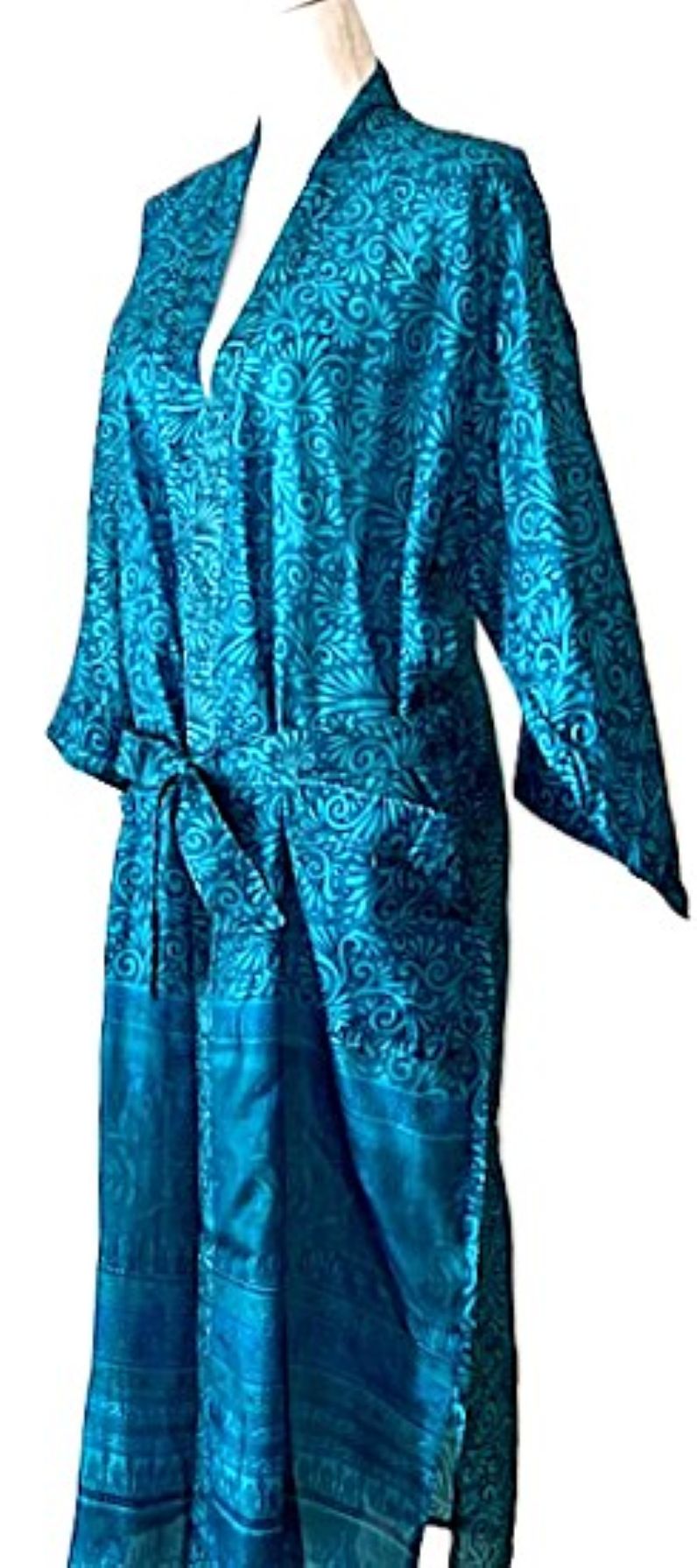 Luxurious Rich Silk Long Kimono Duster. Glamorous (Turquois)