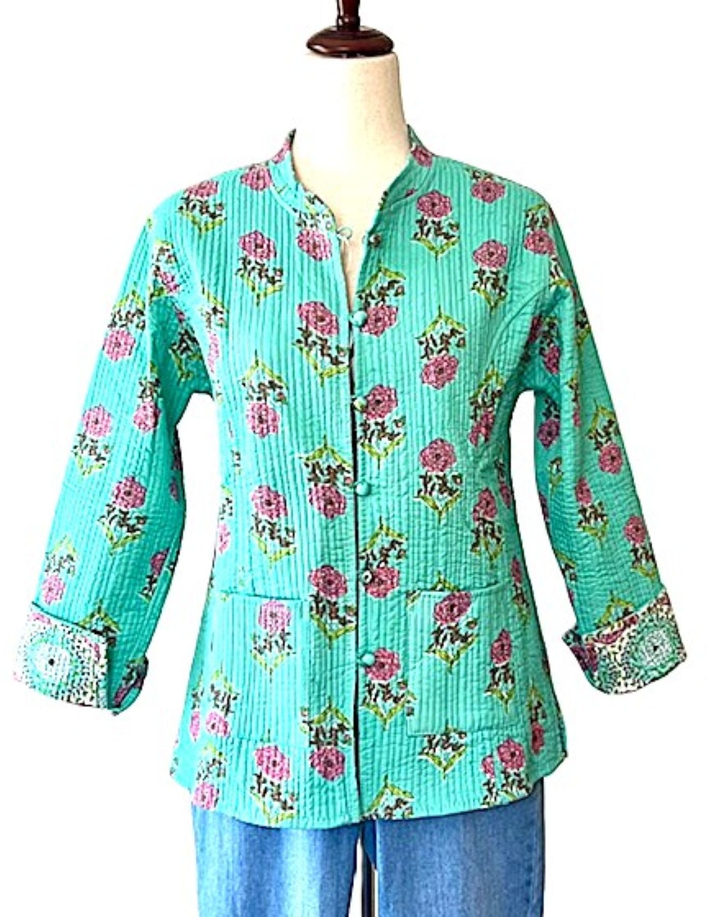 Luxe Cotton Quilted Women's Jacket, Fully Reversible (Turquoise and Lilac)