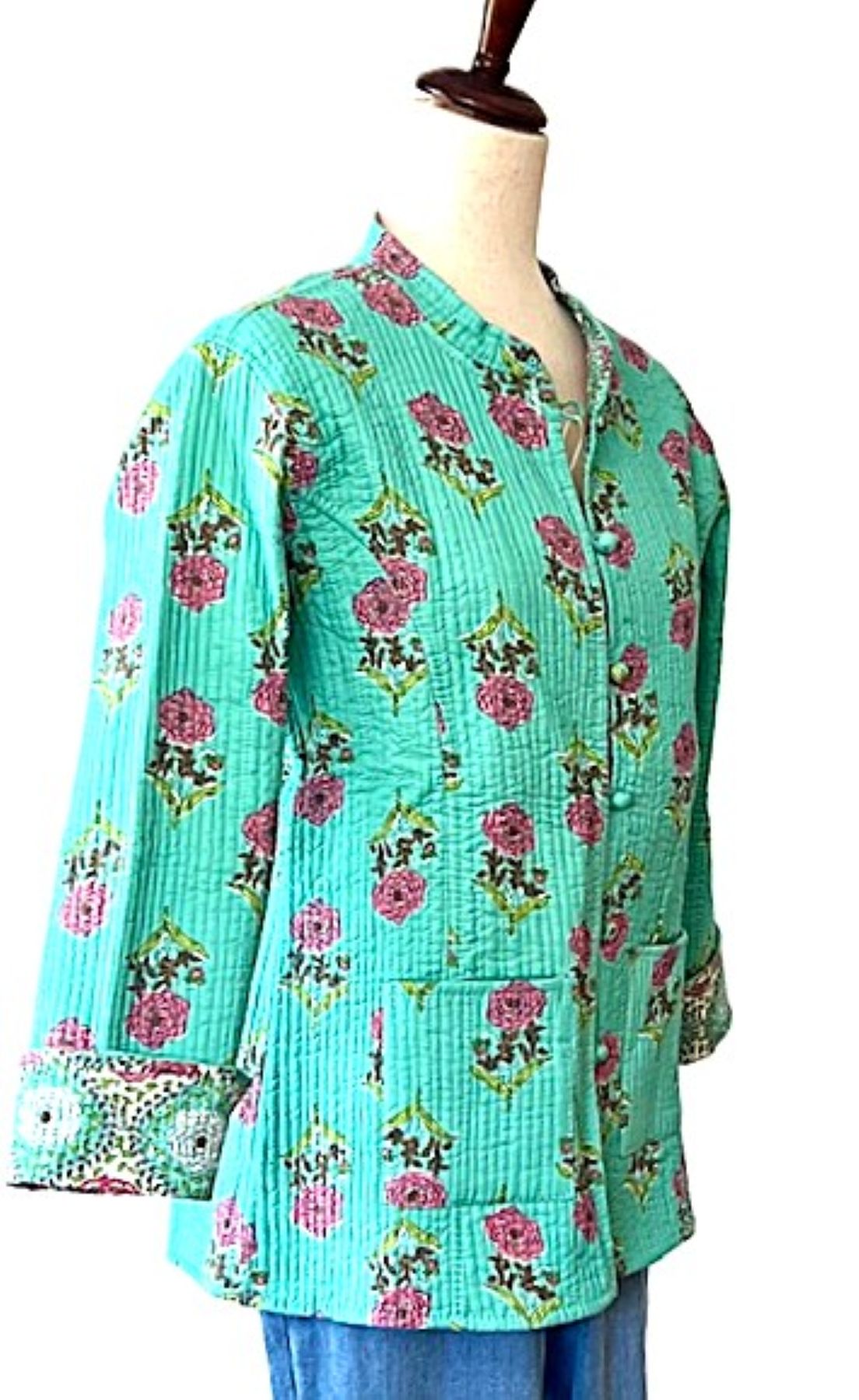 Luxe Cotton Quilted Women's Jacket, Fully Reversible (Turquoise and Lilac)