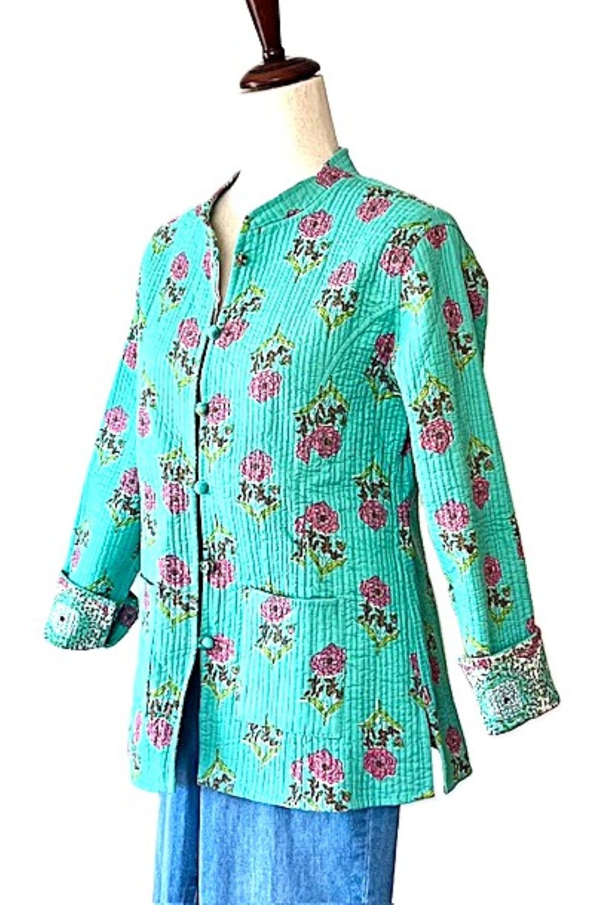 Luxe Cotton Quilted Women's Jacket, Fully Reversible (Turquoise and Lilac)