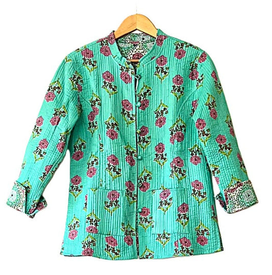 Luxe Cotton Quilted Women's Jacket, Fully Reversible (Turquoise and Lilac)