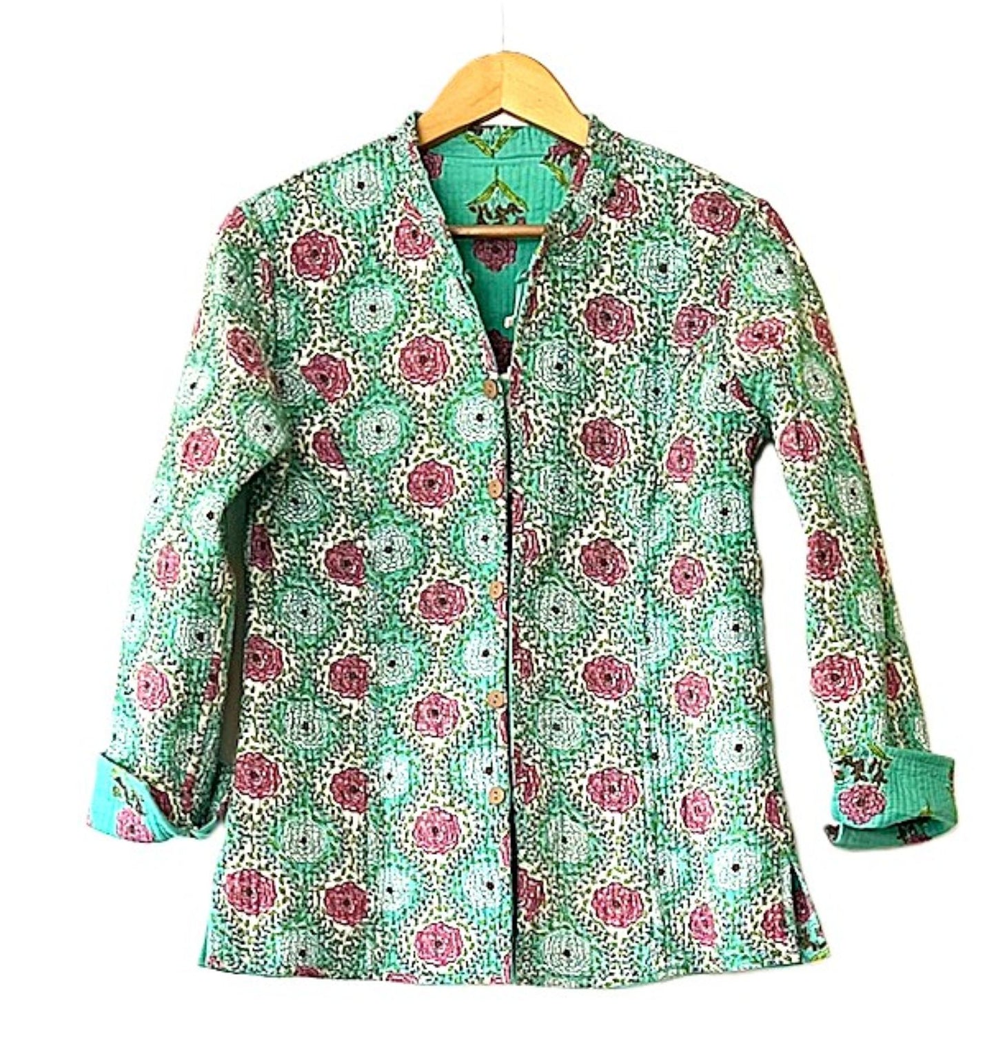 Luxe Cotton Quilted Women's Jacket, Fully Reversible (Turquoise and Lilac)