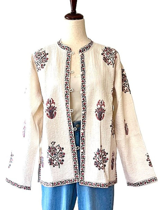 Luxe Cotton Quilted Women's Jacket, Fully Reversible (Cream Floral)