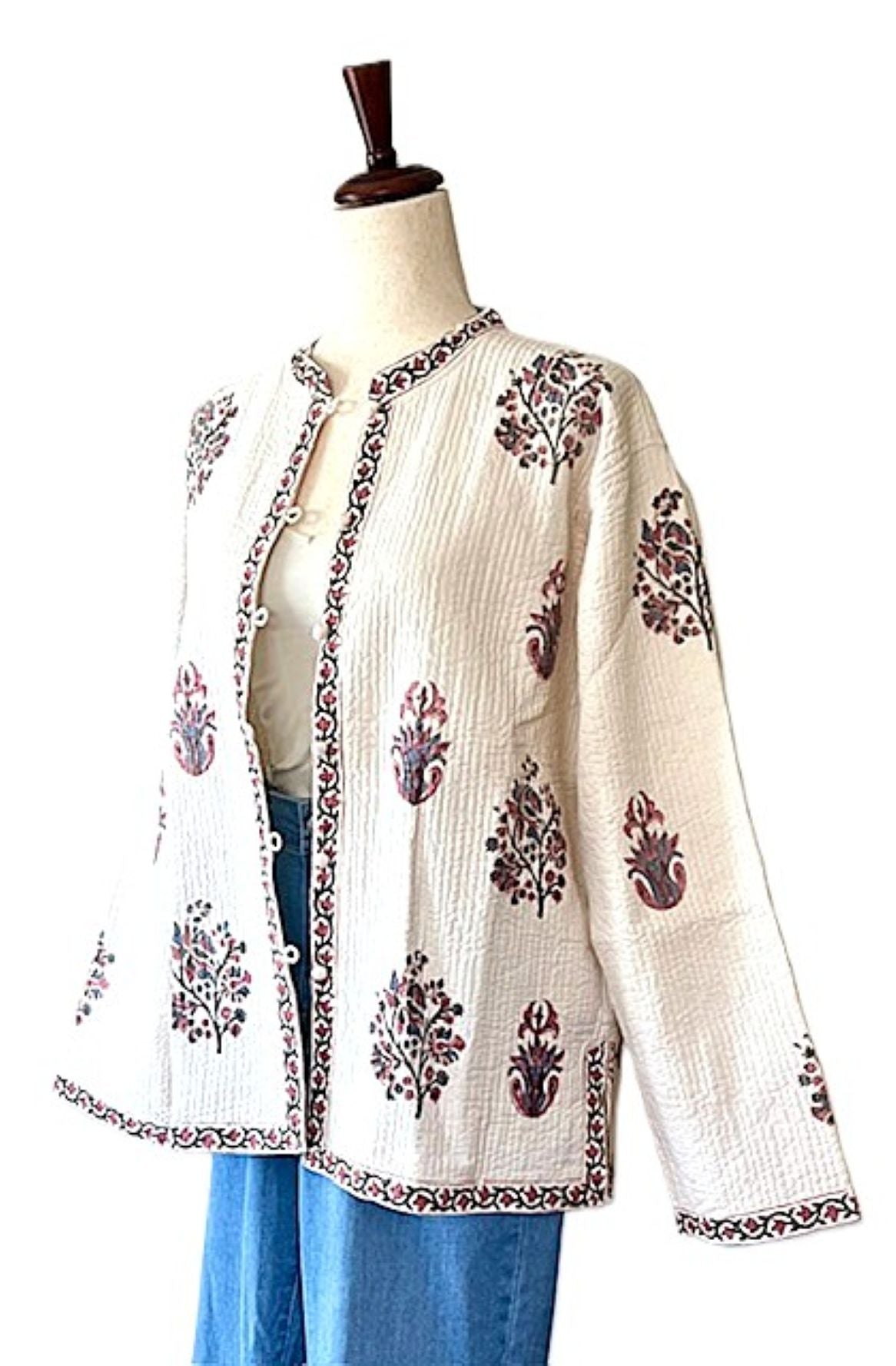 Luxe Cotton Quilted Women's Jacket, Fully Reversible (Cream Floral)