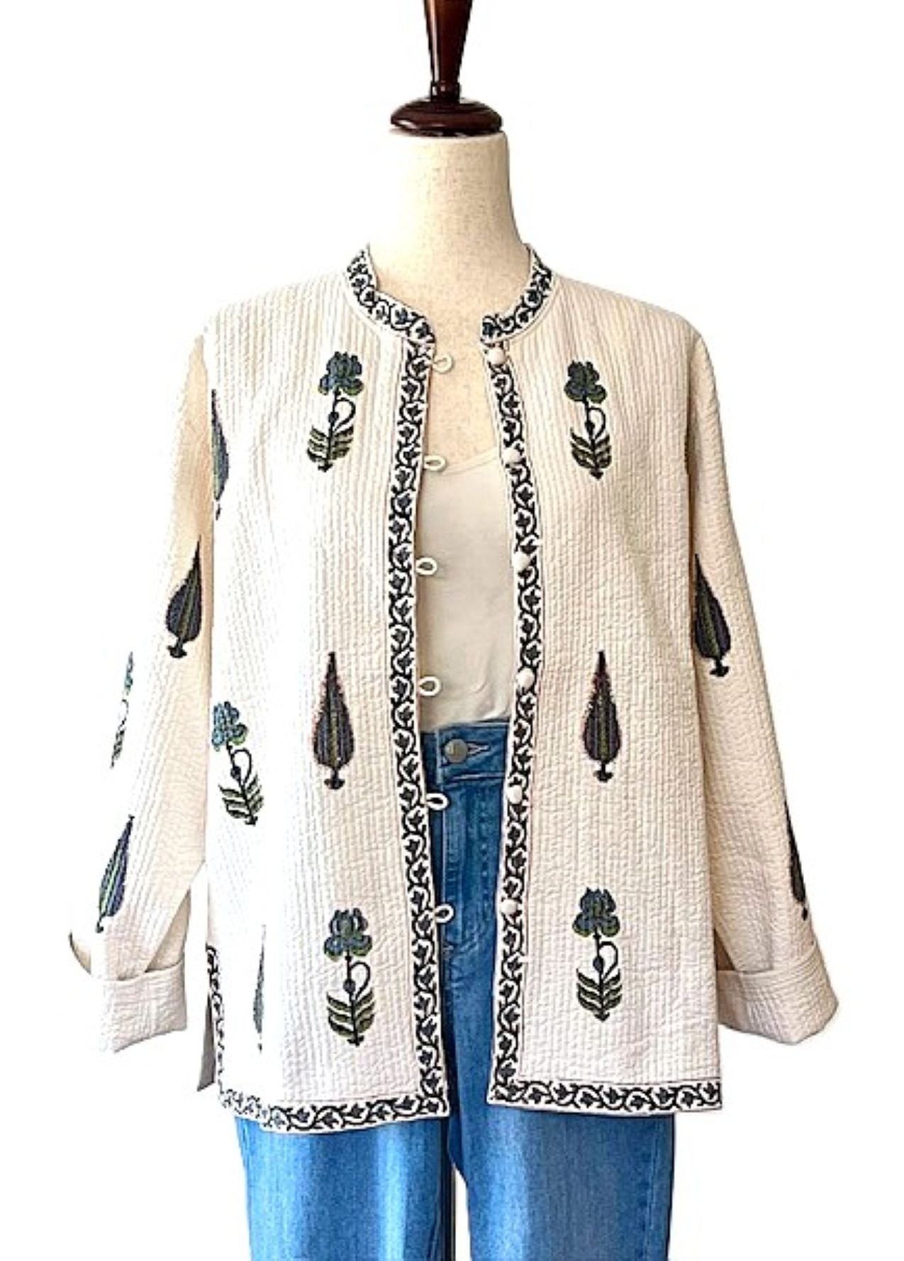 Luxe Cotton Quilted Women's Jacket, Fully Reversible (Cream Floral)