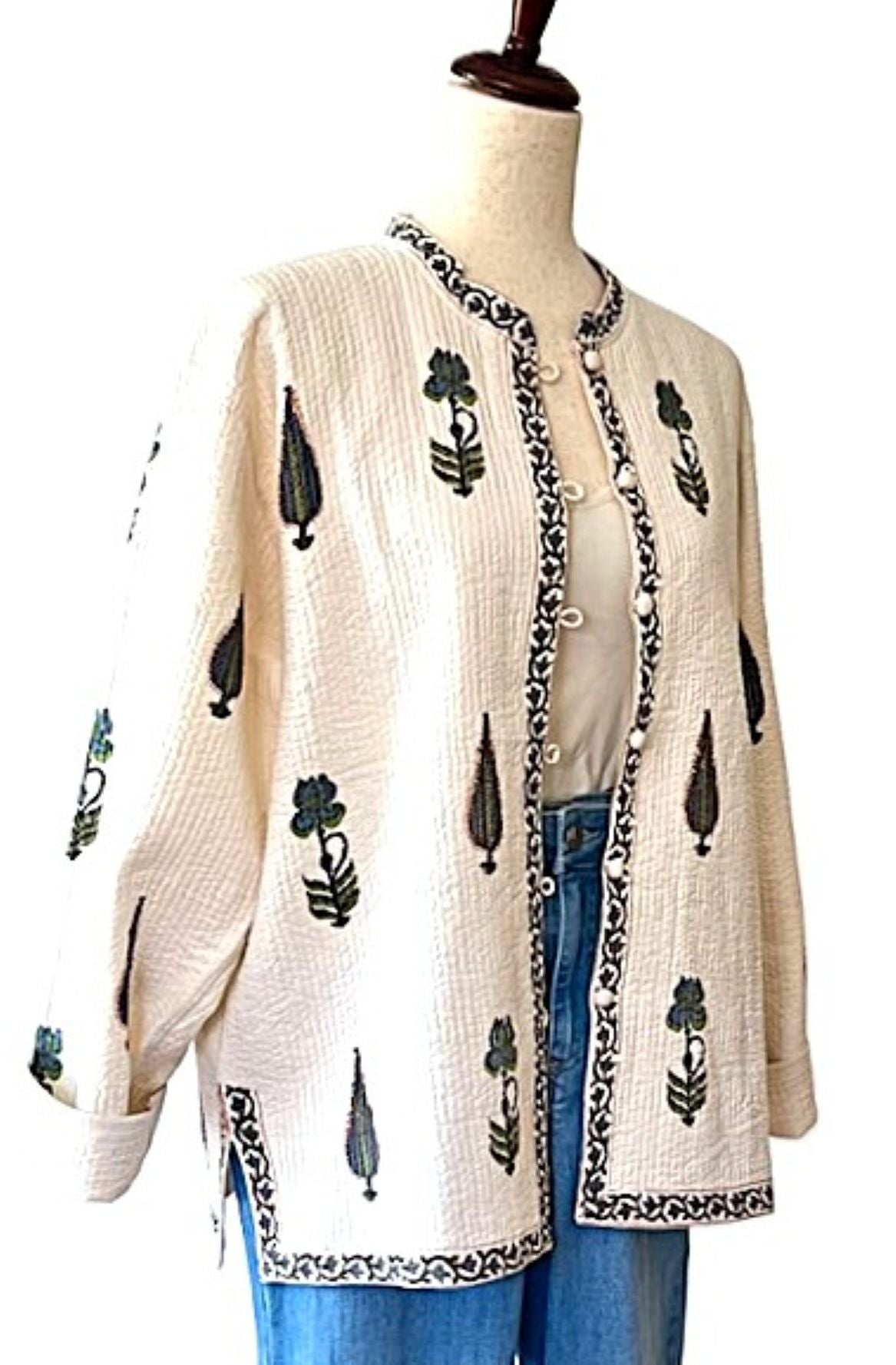 Luxe Cotton Quilted Women's Jacket, Fully Reversible (Cream Floral)