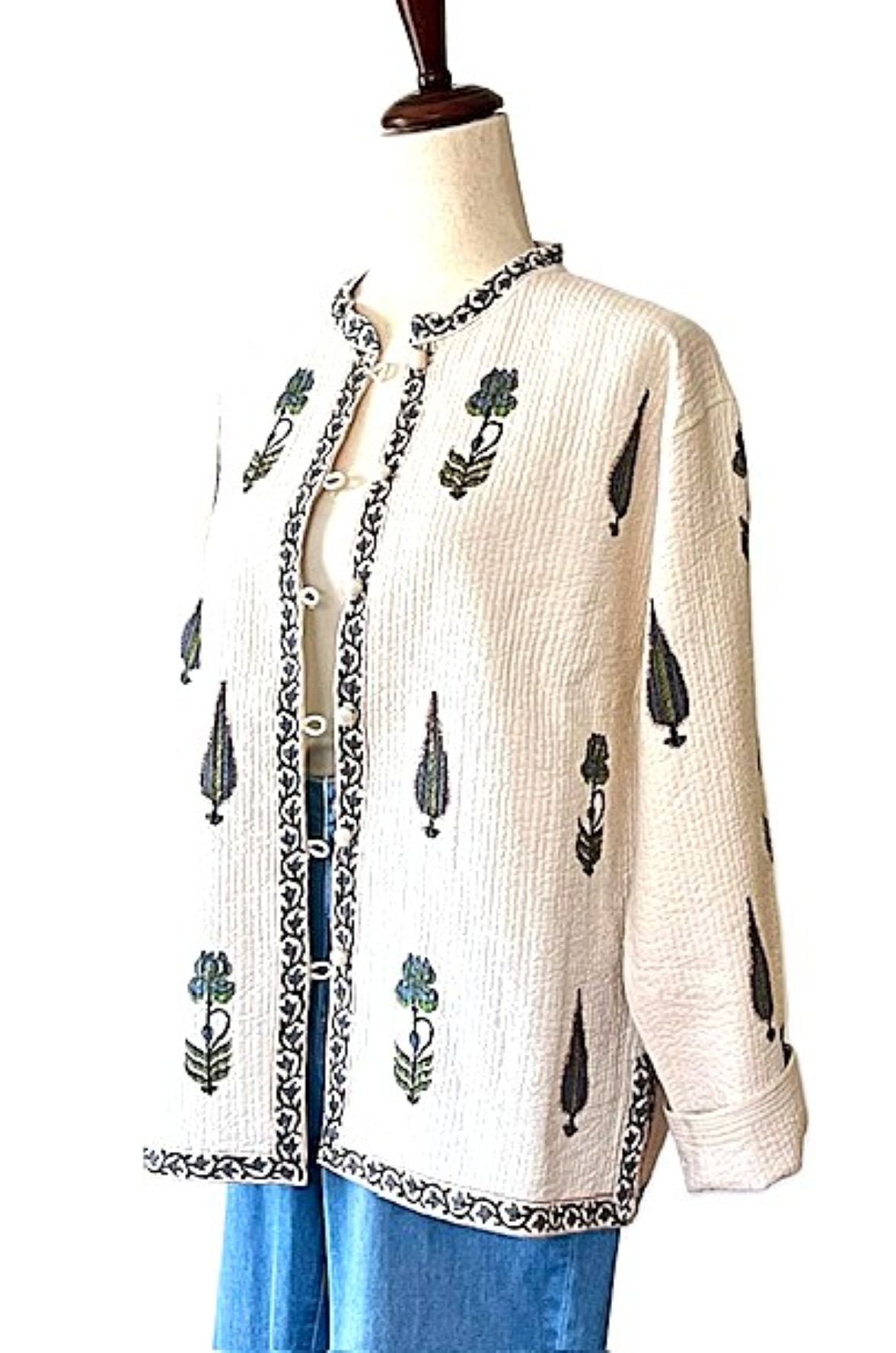 Luxe Cotton Quilted Women's Jacket, Fully Reversible (Cream Floral)