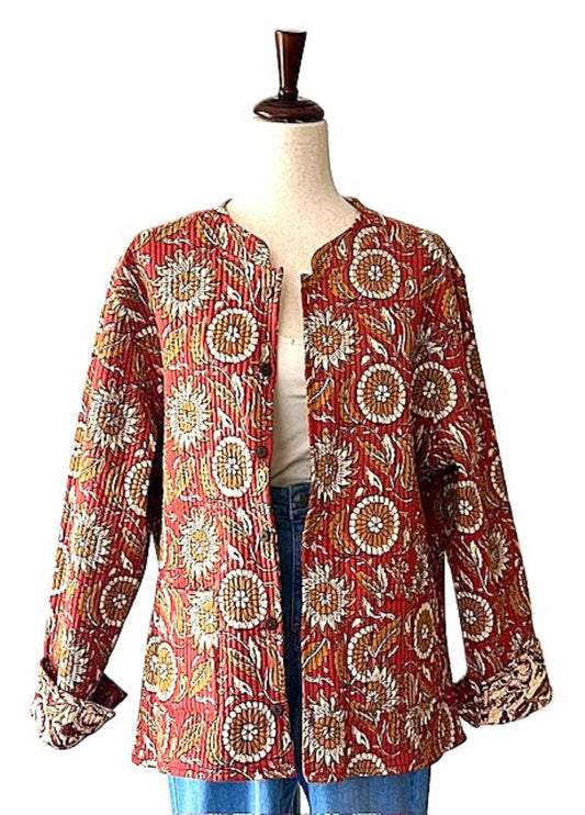 Luxe Cotton Quilted Women's Jacket, Fully Reversible  (Rust Geometric)