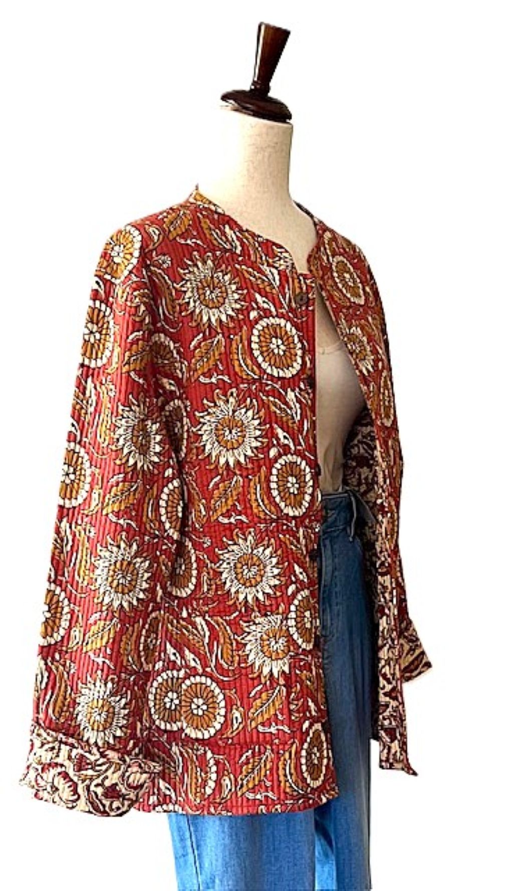 Luxe Cotton Quilted Women's Jacket, Fully Reversible  (Rust Geometric)