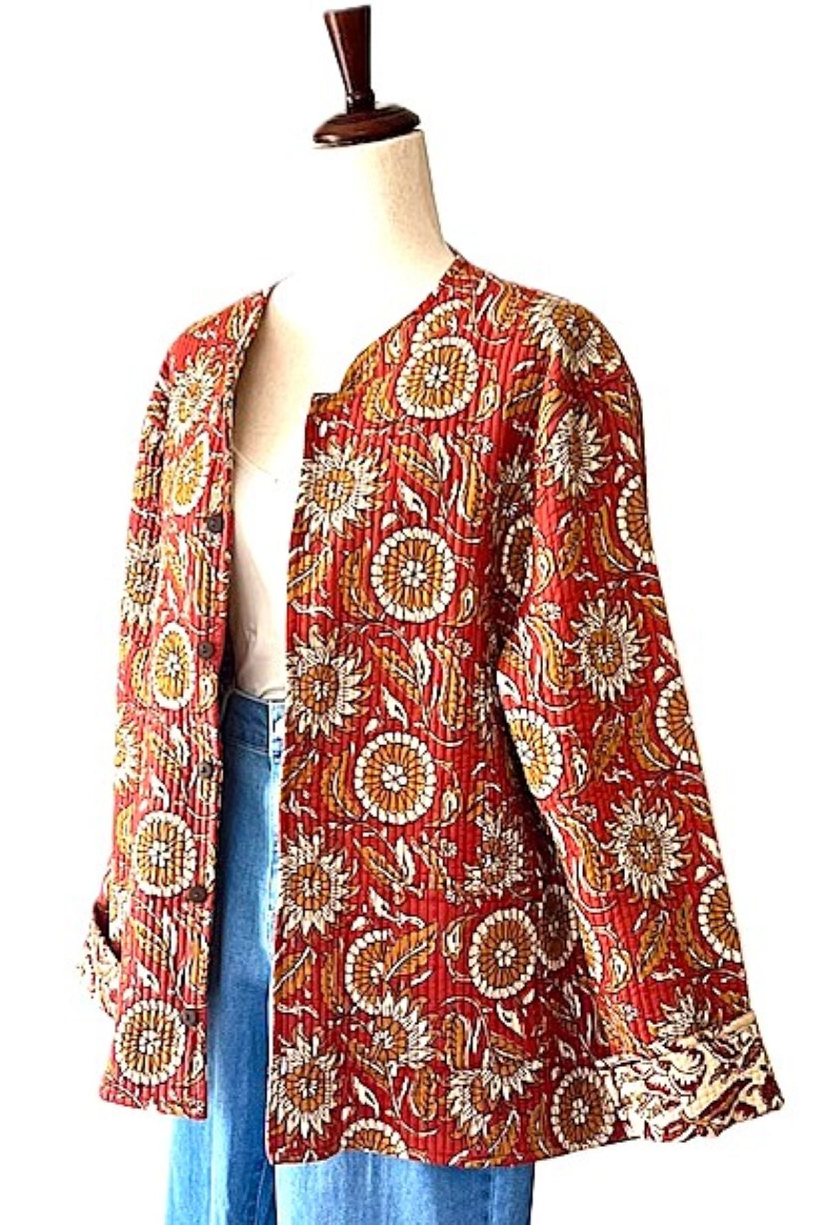 Luxe Cotton Quilted Women's Jacket, Fully Reversible  (Rust Geometric)