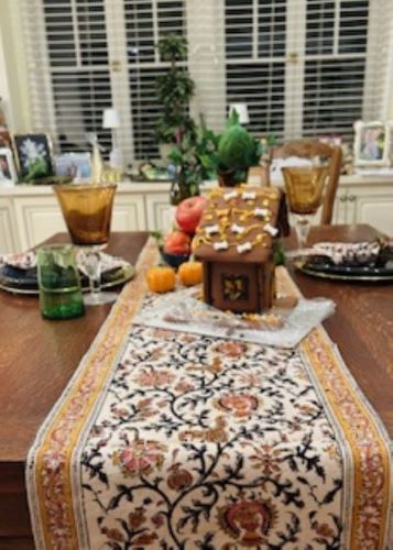 Gold & Rose Kalamkari TableCloth, Runner, and Napkins. Handmade Block Print.