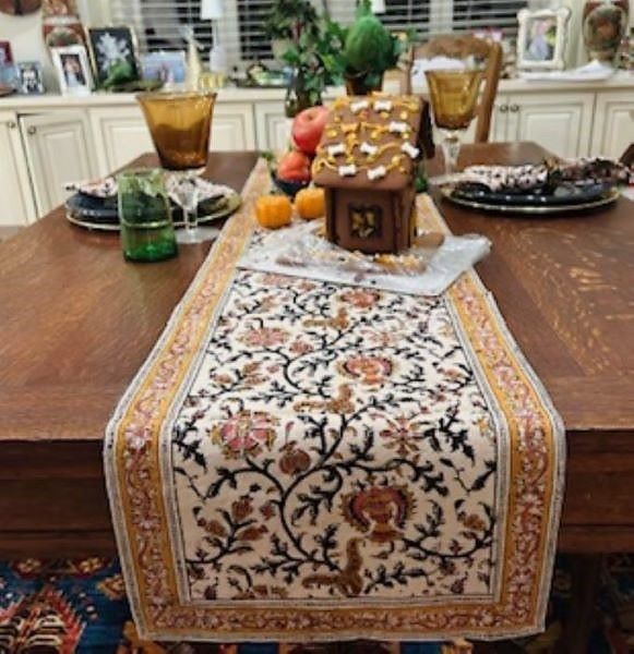 Gold & Rose Kalamkari TableCloth, Runner, and Napkins. Handmade Block Print.