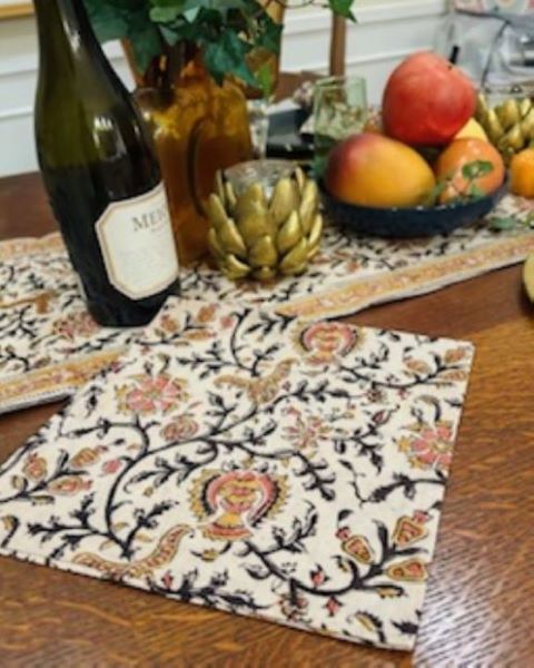 Rose and Gold Kalamkari Napkin Set and Table Runner