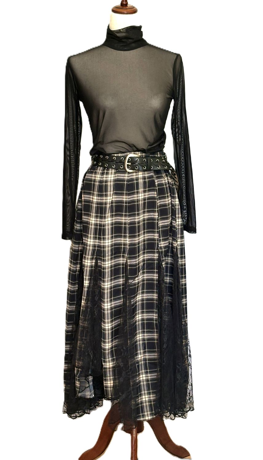Skirt, Plaid and Lace Godet Pleated A-Line Elastic Waist Maxi (Black)
