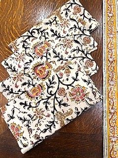 Gold & Rose Kalamkari TableCloth, Runner, and Napkins. Handmade Block Print.