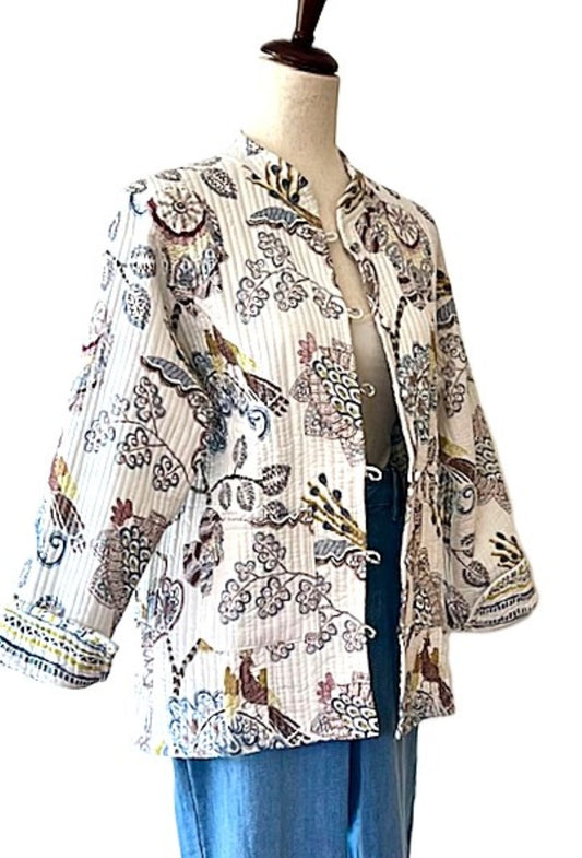 Luxe Cotton Quilted Women's Jacket, Fully Reversible. (Cream Botanical)