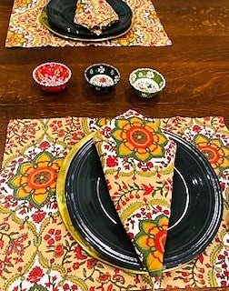 Beautiful Indian Block Printed 100% Cotton Harvest Placemats & Napkins. Sold In Sets of 4