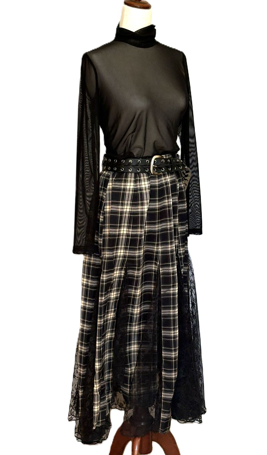 Skirt, Plaid and Lace Godet Pleated A-Line Elastic Waist Maxi (Black)