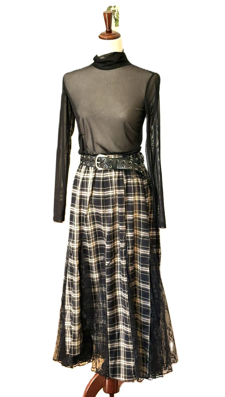 Skirt, Plaid and Lace Godet Pleated A-Line Elastic Waist Maxi (Black)