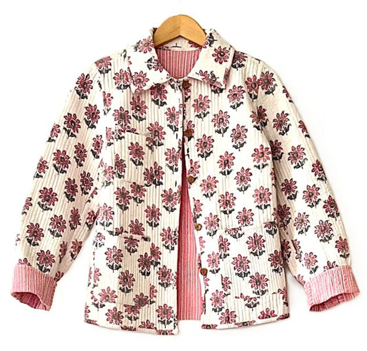 Collared Reversible Cotton Quilted Women's Jacket with Stripe Piping. (Pink)