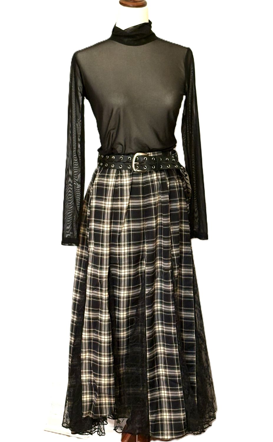 Skirt, Plaid and Lace Godet Pleated A-Line Elastic Waist Maxi (Black)