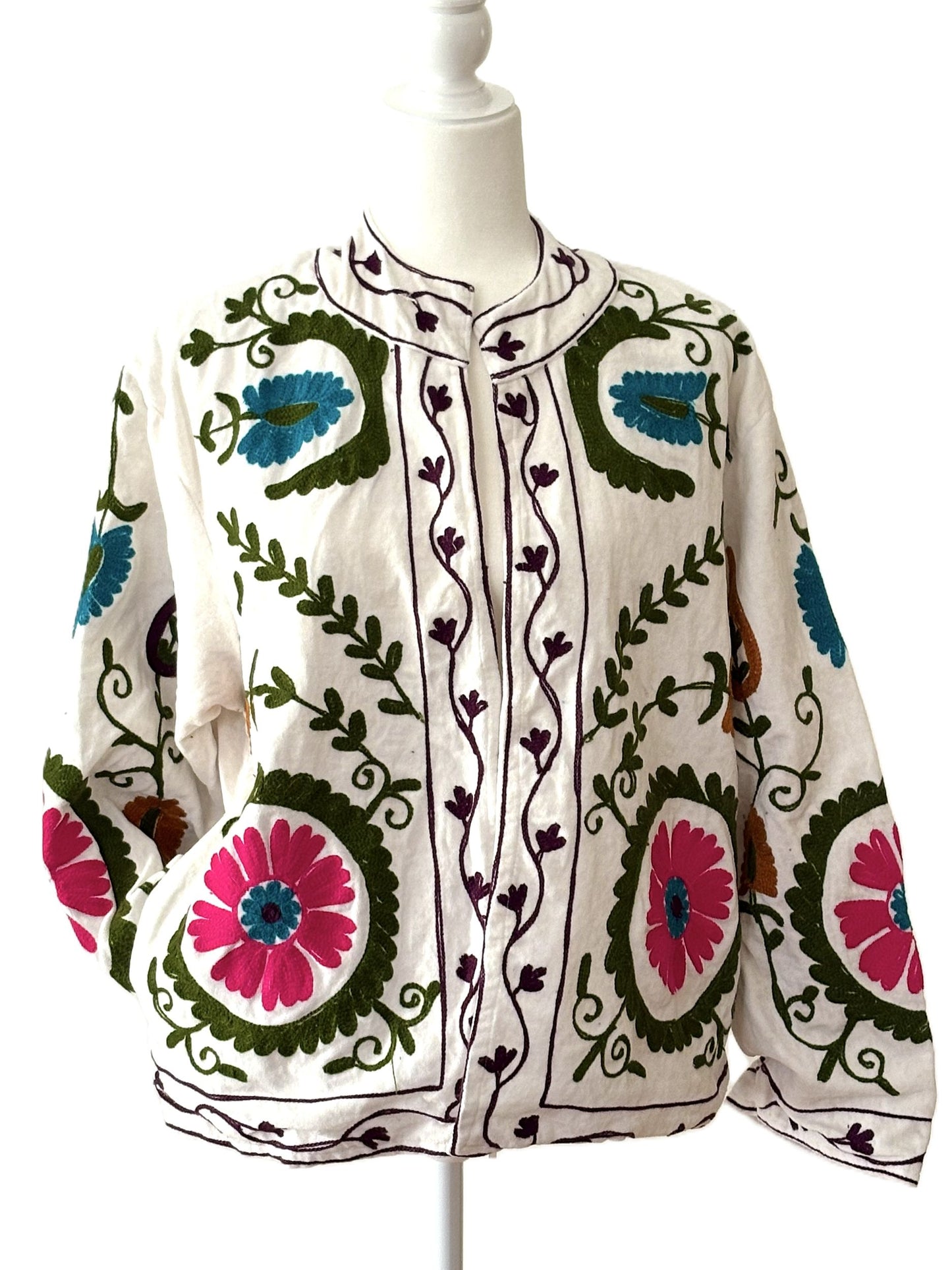 Wearable Art In This Beautiful Khadi Suzani Hand Embroidered Floral Jacket. (White Black )