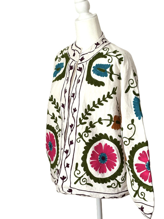 Wearable Art In This Beautiful Khadi Suzani Hand Embroidered Floral Jacket. (White Black )