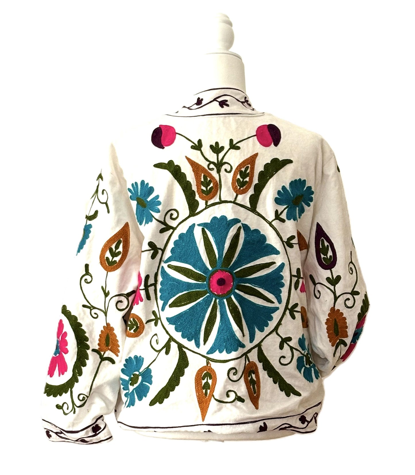 Wearable Art In This Beautiful Khadi Suzani Hand Embroidered Floral Jacket. (White Black )