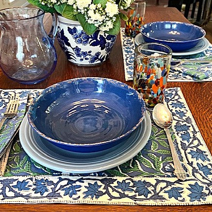 Elegant Floral Block Print Placemats and Napkins (Blue,Green) Only 1 Set Left.