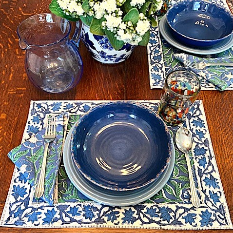 Elegant Floral Block Print Placemats and Napkins (Blue,Green) Only 1 Set Left.