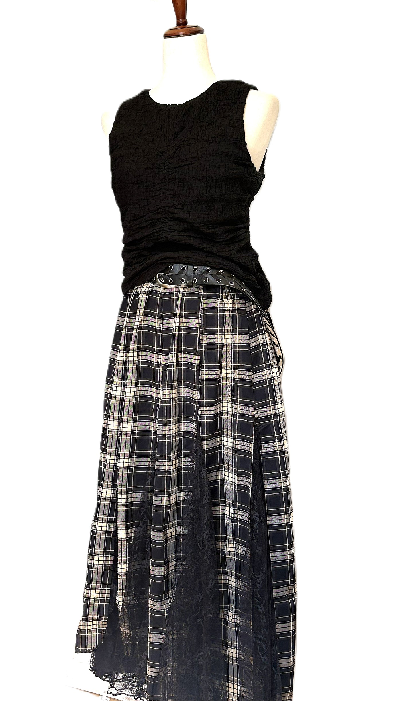 Skirt, Plaid and Lace Godet Pleated A-Line Elastic Waist Maxi (Black)