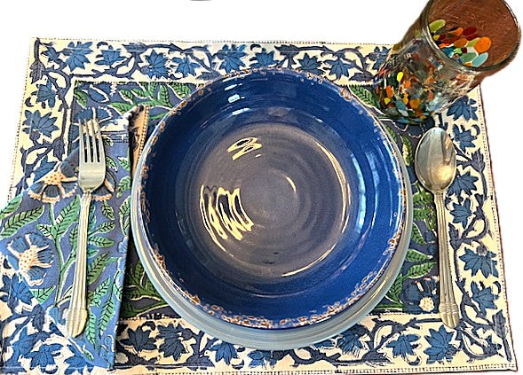 Elegant Floral Block Print Placemats and Napkins (Blue,Green) Only 1 Set Left.