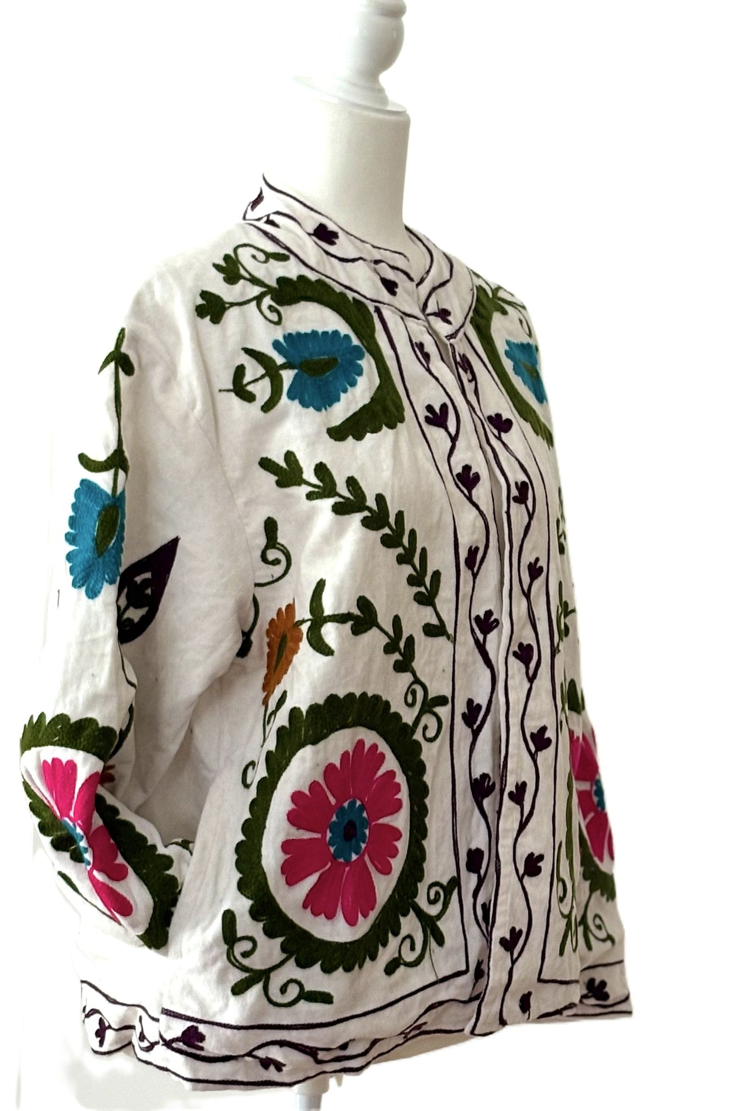 Wearable Art In This Beautiful Khadi Suzani Hand Embroidered Floral Jacket. (White Black )