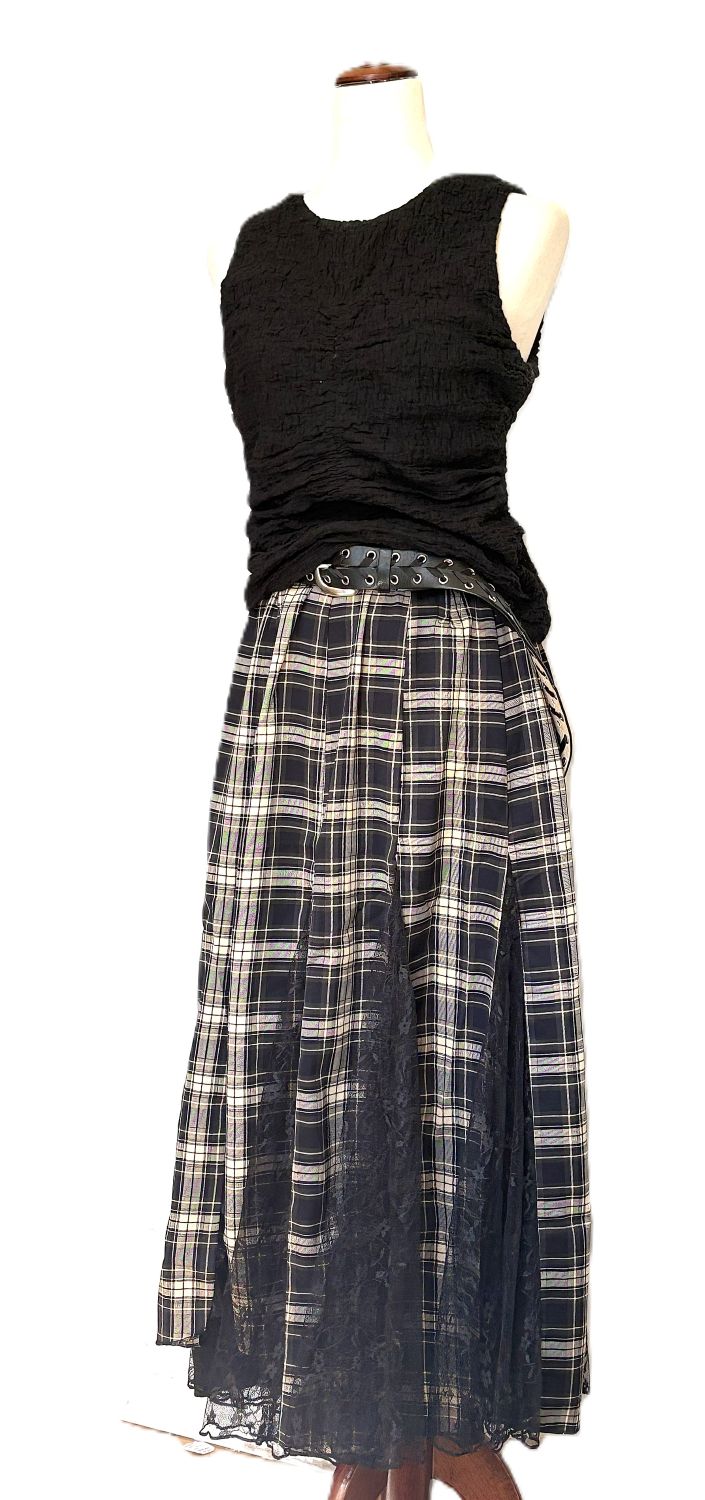 Skirt, Plaid and Lace Godet Pleated A-Line Elastic Waist Maxi (Black)