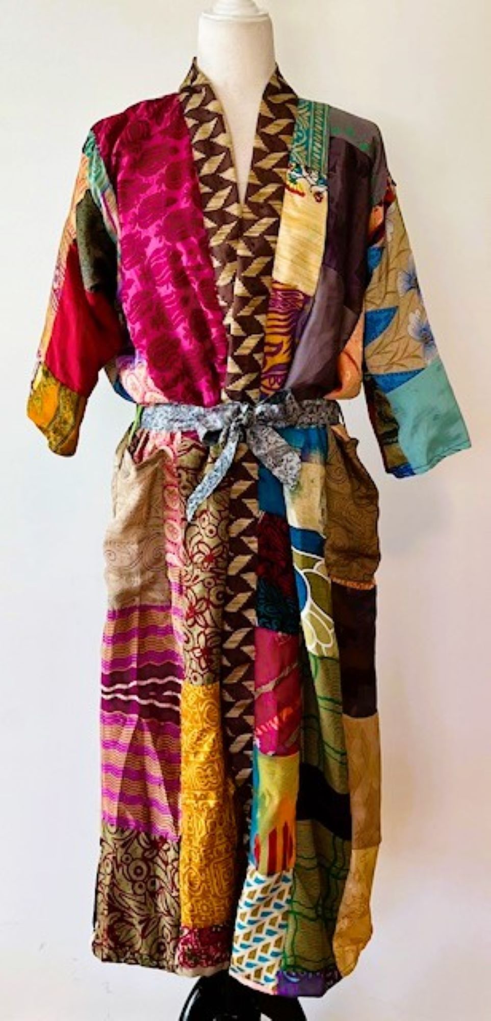 Long Patchwork Silk Kimono With 3/4 Sleeves Celebrates Color (Handmade)