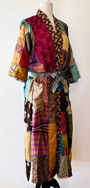 Long Patchwork Silk Kimono With 3/4 Sleeves Celebrates Color (Handmade)