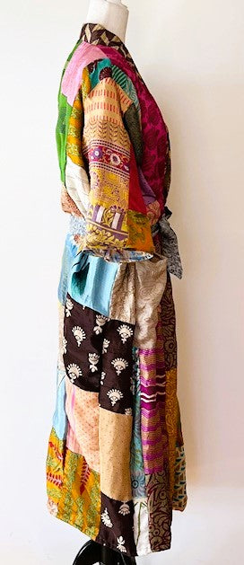 Long Patchwork Silk Kimono With 3/4 Sleeves Celebrates Color (Handmade)