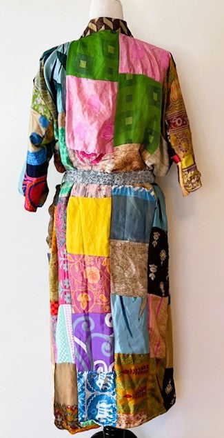 Long Patchwork Silk Kimono With 3/4 Sleeves Celebrates Color (Handmade)