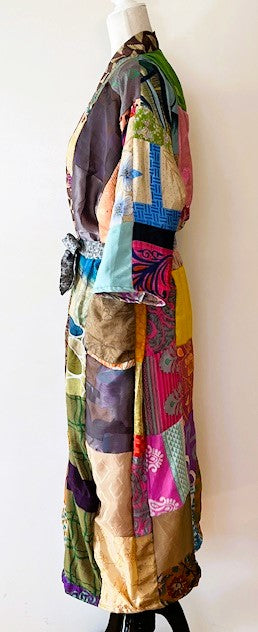 Long Patchwork Silk Kimono With 3/4 Sleeves Celebrates Color (Handmade)