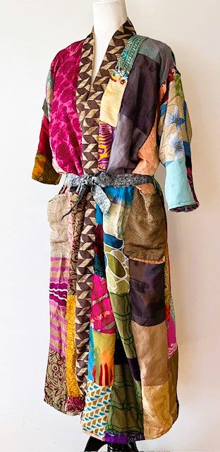 Long Patchwork Silk Kimono With 3/4 Sleeves Celebrates Color (Handmade)