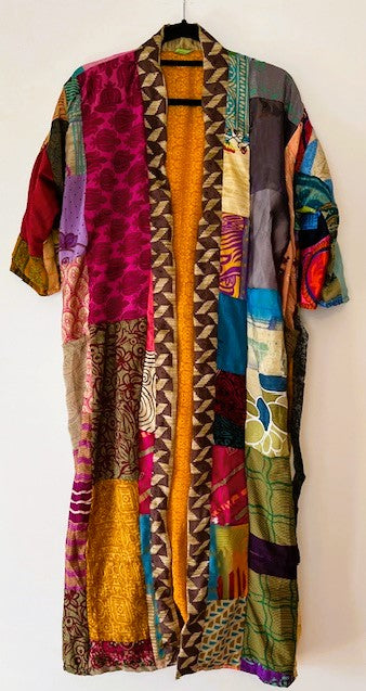 Long Patchwork Silk Kimono With 3/4 Sleeves Celebrates Color (Handmade)