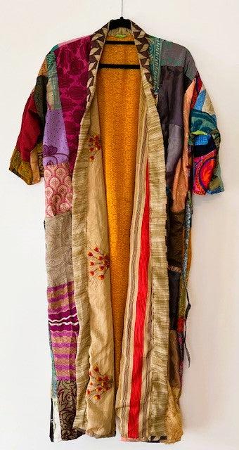 Long Patchwork Silk Kimono With 3/4 Sleeves Celebrates Color (Handmade)