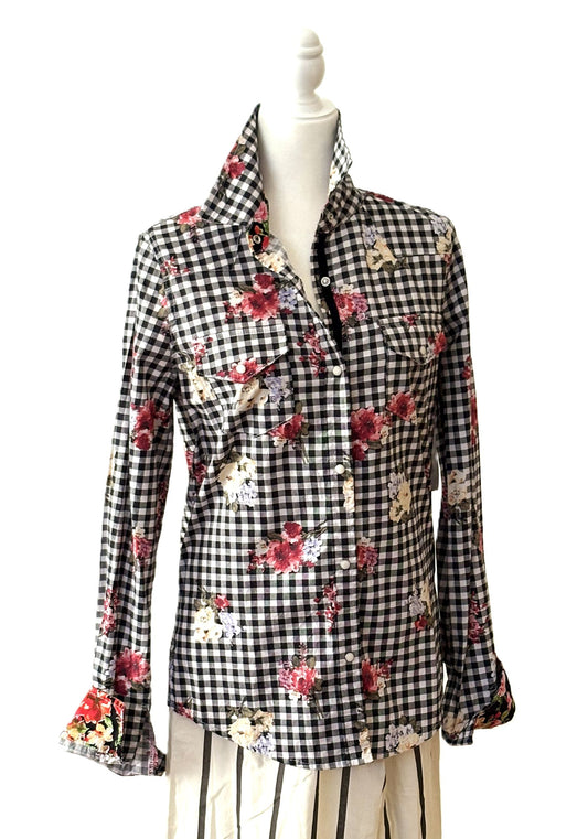 Top, The "Posy" Check Floral Cotton Shirt: Vintage Boho