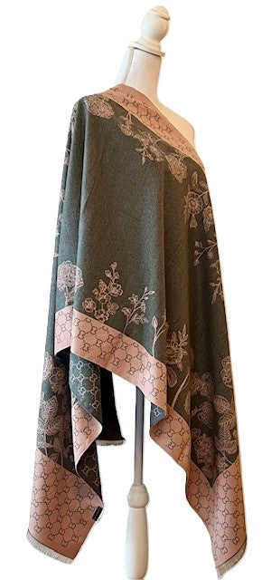 Artisan Shawl Reversible Wrap, Roses