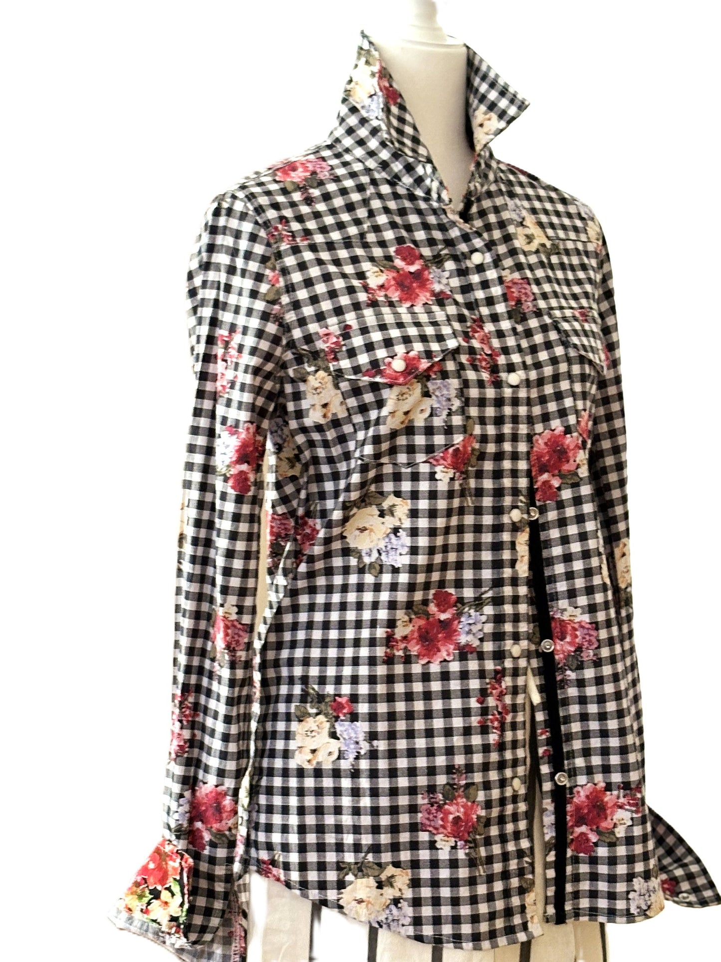 Top, The "Posy" Check Floral Cotton Shirt: Vintage Boho