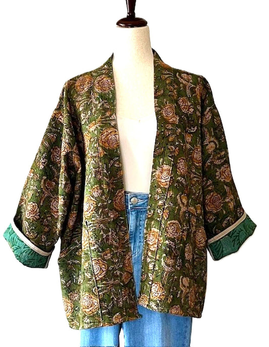 Specialty Collection: Short Jacket Fully Reversible. Kantha Quilted. (Olive)