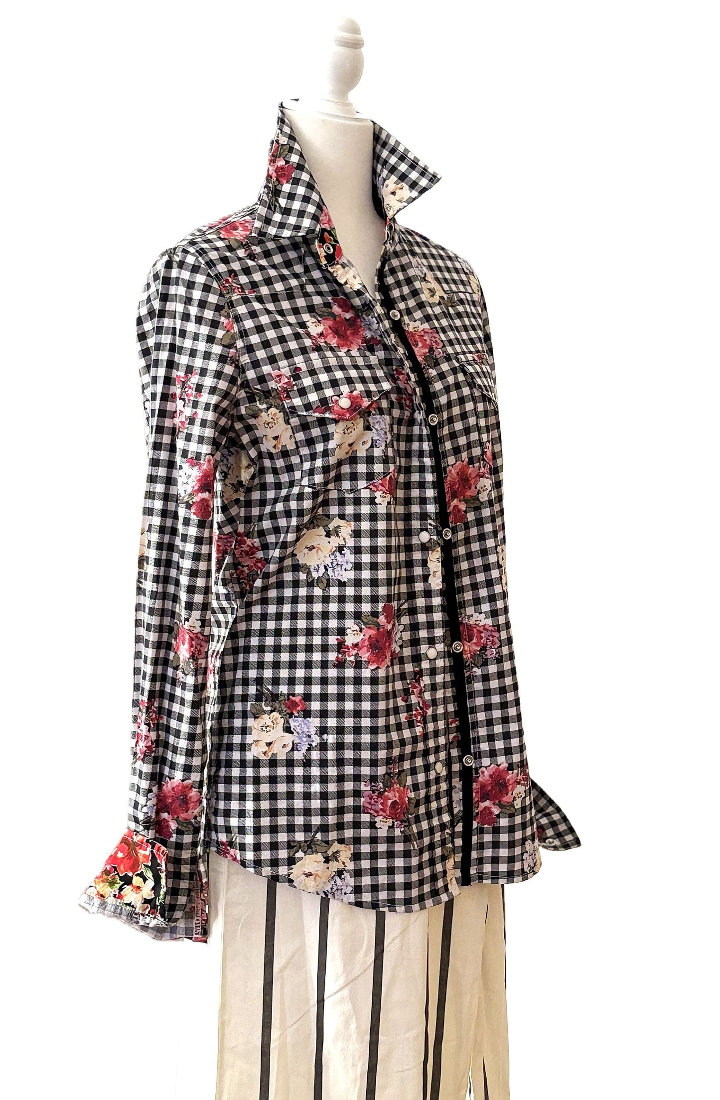 Top, The "Posy" Check Floral Cotton Shirt: Vintage Boho