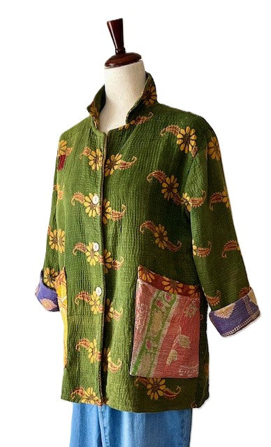 Specialty Collection: Kantha Front Open Jacket (Olive Floral)